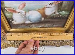 VTG Ornate Framed Hand Painted, Oil Painting 18x16 Rabbits, Bunnies, pet, Farm