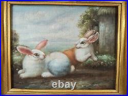 VTG Ornate Framed Hand Painted, Oil Painting 18x16 Rabbits, Bunnies, pet, Farm