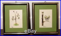 VTG PAIR of OWL WATERCOLOR PAINTINGS Signed Wall Art MID CENTURY Retro Kitsch