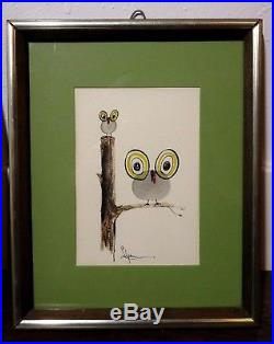 VTG PAIR of OWL WATERCOLOR PAINTINGS Signed Wall Art MID CENTURY Retro Kitsch