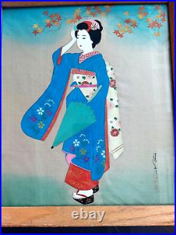 VTG RARE 20-30s Ishikawa Kiyohiko signed stamped painting silk Japanese Geisha