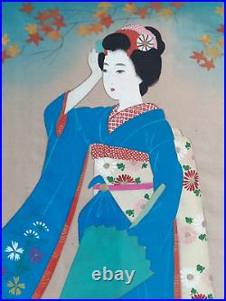 VTG RARE 20-30s Ishikawa Kiyohiko signed stamped painting silk Japanese Geisha