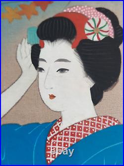 VTG RARE 20-30s Ishikawa Kiyohiko signed stamped painting silk Japanese Geisha