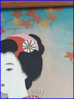 VTG RARE 20-30s Ishikawa Kiyohiko signed stamped painting silk Japanese Geisha