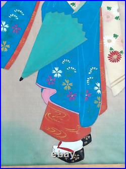 VTG RARE 20-30s Ishikawa Kiyohiko signed stamped painting silk Japanese Geisha