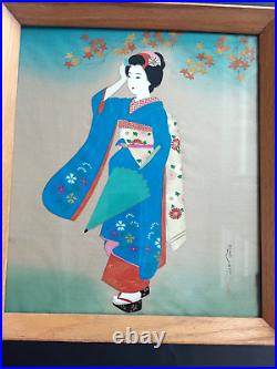 VTG RARE 20-30s Ishikawa Kiyohiko signed stamped painting silk Japanese Geisha