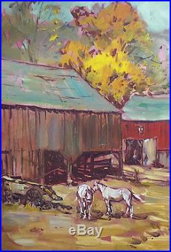 VTG SIGNED ORIG OIL PAINTING FARM LANDSCAPE With HORSES BY OHIO ARTIST LESLIE COPE