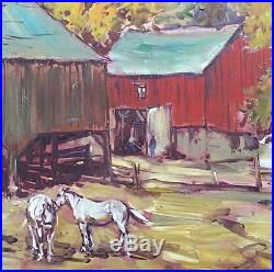 VTG SIGNED ORIG OIL PAINTING FARM LANDSCAPE With HORSES BY OHIO ARTIST LESLIE COPE