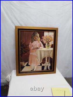 VTG Sad Girl Portrait Original Oil Painting Framed Signed Following Eyes 28x24