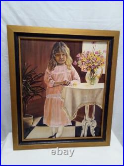 VTG Sad Girl Portrait Original Oil Painting Framed Signed Following Eyes 28x24