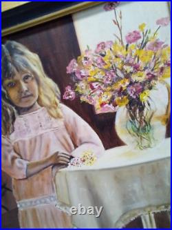 VTG Sad Girl Portrait Original Oil Painting Framed Signed Following Eyes 28x24