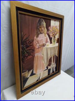 VTG Sad Girl Portrait Original Oil Painting Framed Signed Following Eyes 28x24