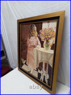 VTG Sad Girl Portrait Original Oil Painting Framed Signed Following Eyes 28x24