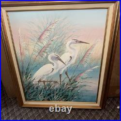 VTG Signed A. Maley Original Oil Canvas Painting White Egrets/Marsh 20x24 Framed