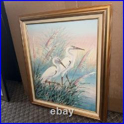 VTG Signed A. Maley Original Oil Canvas Painting White Egrets/Marsh 20x24 Framed