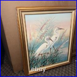VTG Signed A. Maley Original Oil Canvas Painting White Egrets/Marsh 20x24 Framed