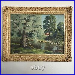 VTG Signed Country Creekside Barn Landscape Painting Board Ornate Framed 16x20