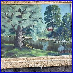 VTG Signed Country Creekside Barn Landscape Painting Board Ornate Framed 16x20