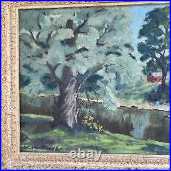 VTG Signed Country Creekside Barn Landscape Painting Board Ornate Framed 16x20