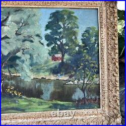 VTG Signed Country Creekside Barn Landscape Painting Board Ornate Framed 16x20