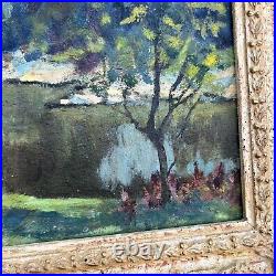 VTG Signed Country Creekside Barn Landscape Painting Board Ornate Framed 16x20