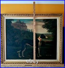 VTG Signed ORIGINAL PRIMITIVE OIL PAINTING M Morgan GREYHOUND DOG PORTRAIT 30x36