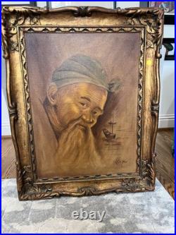 VTG Signed Oil Painting Bearded Man with Ship Rene Hart Ward/Hard 31x23 OOAK