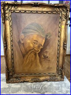 VTG Signed Oil Painting Bearded Man with Ship Rene Hart Ward/Hard 31x23 OOAK