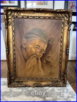 VTG Signed Oil Painting Bearded Man with Ship Rene Hart Ward/Hard 31x23 OOAK