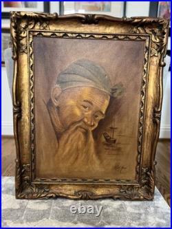 VTG Signed Oil Painting Bearded Man with Ship Rene Hart Ward/Hard 31x23 OOAK