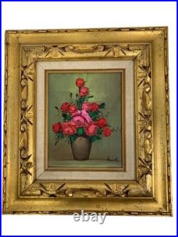 VTG Signed Original Still Oil Painting Roses In Gold Frame By David 16.5 x 18