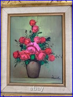 VTG Signed Original Still Oil Painting Roses In Gold Frame By David 16.5 x 18