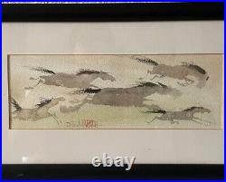 VTG Unique Signed Stamped D T Solmon Five Running Horses Calligraphy Painting
