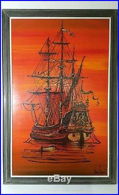 Van Gaard Vtg Oil Drip Art Painting Galleon Pirate Ship (Vanguard Studios)