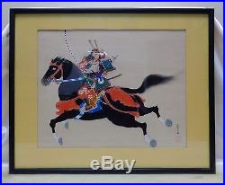 Very Detailed Signed Vintage Oriental Knight on Black Horse Watercolor Painting