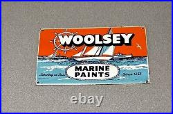 Vintage 12 Woolsey Paint Marine Boat Porcelain Sign Car Gas Oil Truck