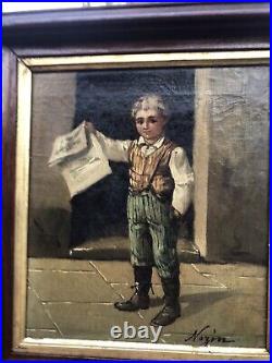Vintage 1800's 19th Century Oil on Canvas Painting Artist Signed Paperboy