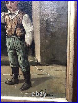 Vintage 1800's 19th Century Oil on Canvas Painting Artist Signed Paperboy