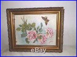 Vintage 1895 Dated Pink Roses Painting On Board Butterfly E. B. Ross Signed Framed