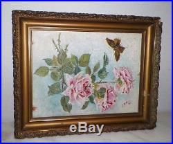 Vintage 1895 Dated Pink Roses Painting On Board Butterfly E. B. Ross Signed Framed