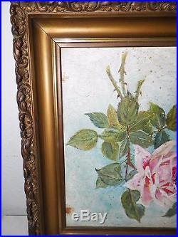 Vintage 1895 Dated Pink Roses Painting On Board Butterfly E. B. Ross Signed Framed