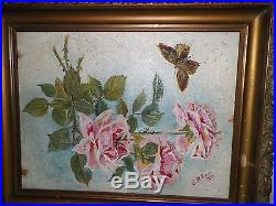 Vintage 1895 Dated Pink Roses Painting On Board Butterfly E. B. Ross Signed Framed