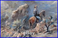Vintage 18x24 Western Desert Landscape Oil Painting Cowboy Horse Cactus Signed