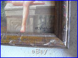 Vintage 1920s R Vega Signed Framed Painting on Wood Nude Angel Girl with Bug