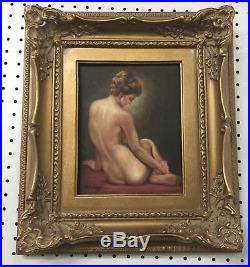Vintage 1920s R Vega Signed Framed Painting on Wood Nude Girl On Carpet