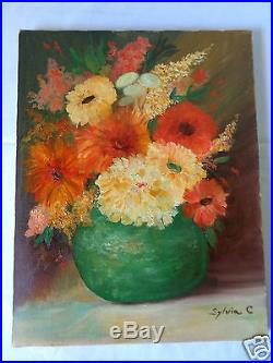 Vintage 1928 Signed Sylvia C Flowers In Vase Floral Still Life Canvas Painting