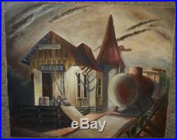 Vintage 1930s 1940s Texas Regionalist WPA Era Painting Train Station Collins