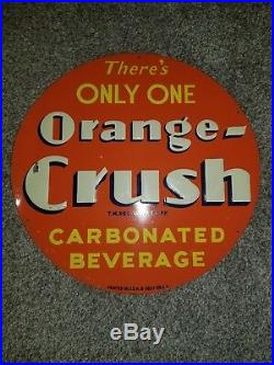 Vintage 1939 Round Embossed Orange Crush Painted Tin Soda Sign