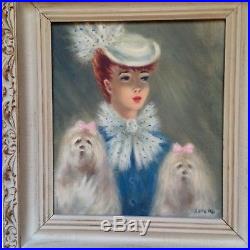 Vintage 1940s 50s Impressionist Signed Oil Portrait of a Woman with dogs