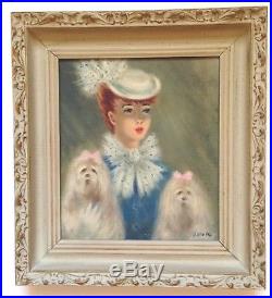 Vintage 1940s 50s Impressionist Signed Oil Portrait of a Woman with dogs